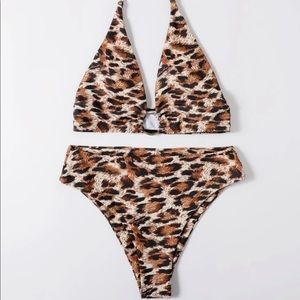 Two Piece Leopard Halter High Waisted Ring Detail Bikini Top & Bottom